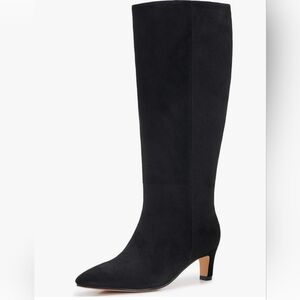 Black Vegan Suede Kitten Heel Wide Calf Boots